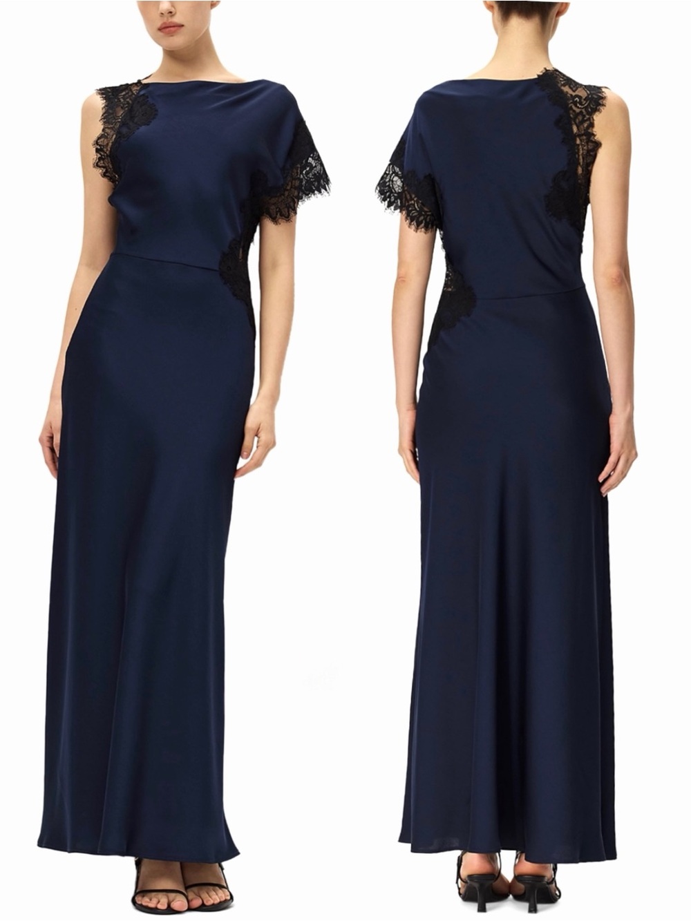 ELODIE THE LABEL Maris Women’s Satin Lace A-Line Slip Maxi Dress Navy Black NEW